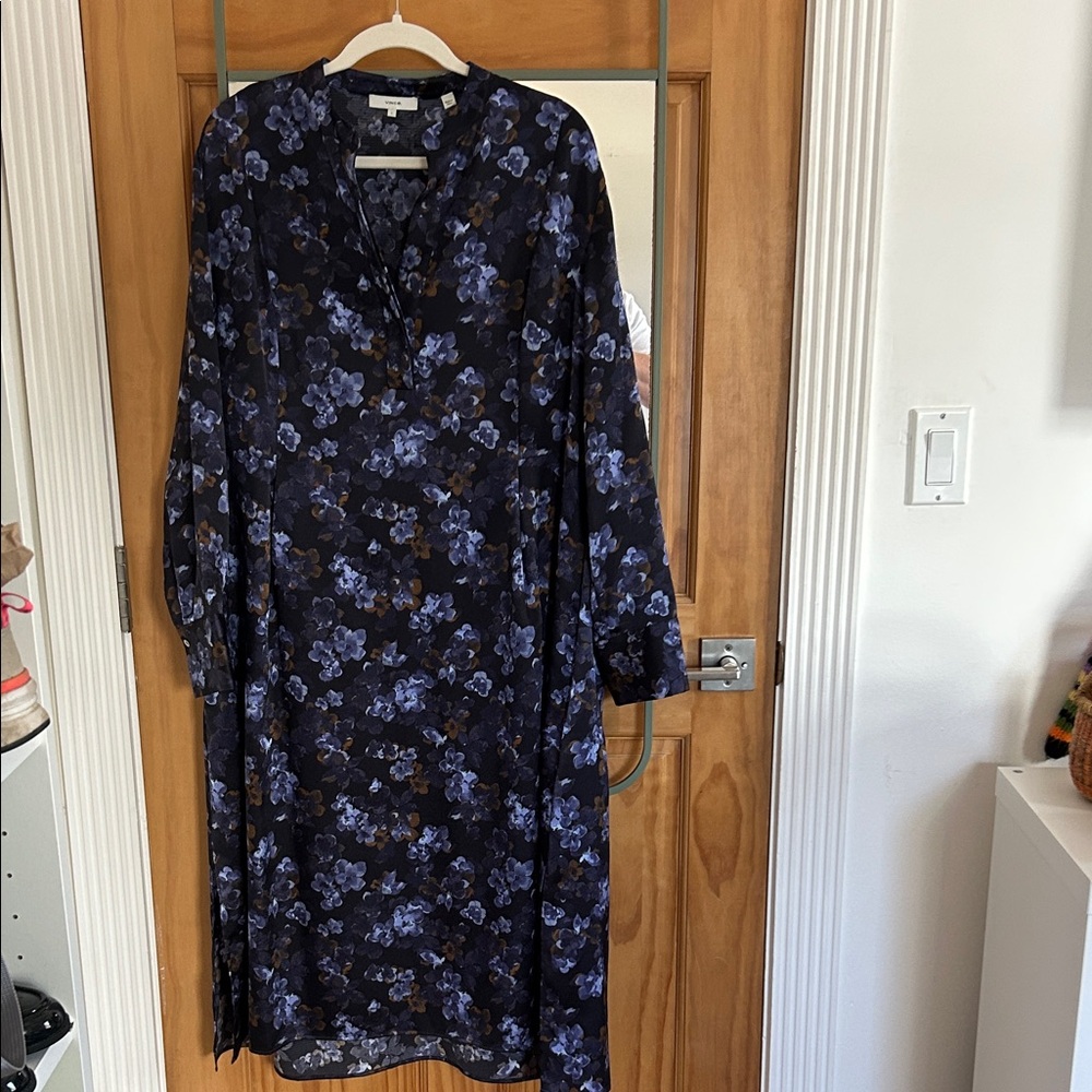 Vince Navy Floral Long-Sleeve Midi Dress